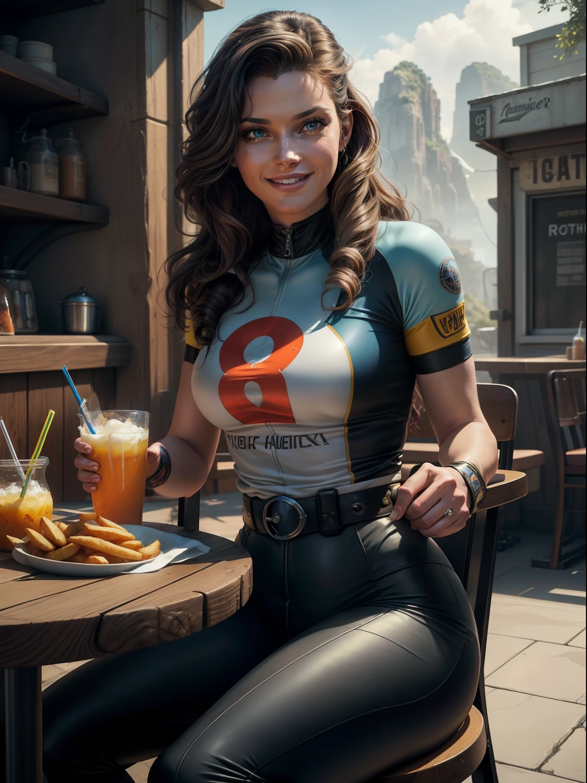 A (waist up:1.2) cinematic photorealistic color digital painting of professional photo model Anna Scientist a.k.a Anna Malaretti, wears bicycle jersey as (80's heavy metal rock star hair style:1.2), excited smile, sits at the cafe eating fish and chips, fresh juice, after long range cycling,outdoors, detailed face, insanely detailed and intricate, crisp sharp and clear, volumetric lighting, ultra-high resolution, masterpiece hyper realistic artwork of Don Lawrence, centered, Professional color grading by Kenneth Hines Jr.