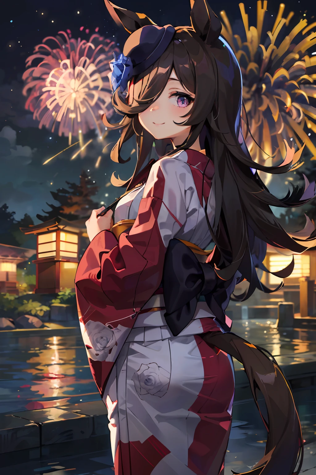 ((​masterpiece、top-quality))、独奏、RiceShower、独奏、length hair、a purple eye、bangss、Long bangs、length hair、tiny chest、Hair covers the right eye、Marl、White yukata、 ((Rose pattern yukata, Geta), Gentle smile, Fireworks in the night sky, fireworks at background, 、modest tail、Kimono、、Looks Back