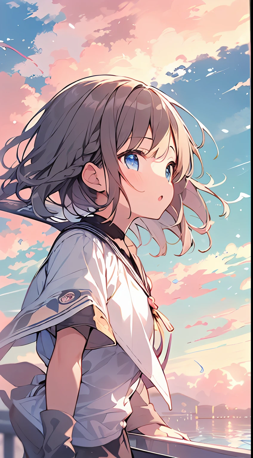 masutepiece, Best Quality,Illustration, Wallpaper, Ultra Detail, absurderes, 1little girl、 Solo, (Medium short hair、short braided hair), Beautiful ultra-detailed eyes , Hair fluttering in the wind、:o、 Beautiful sky、(a panoramic view:1.2)