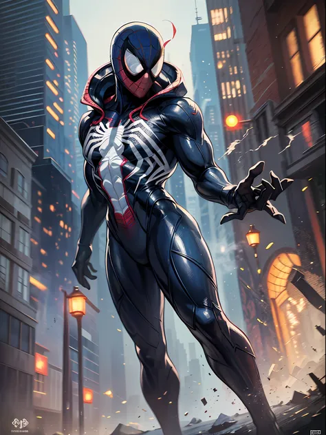 spider man, organic-looking outfit, gooey testura, symbiote, white eyes ...