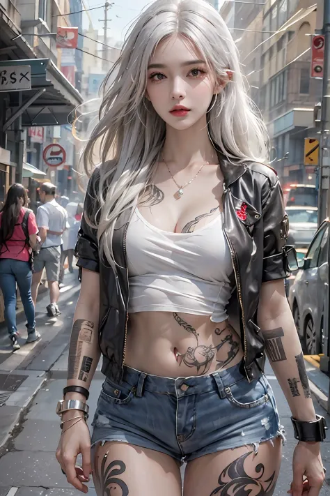 photorealistic, high resolution, 1women, solo, hips up, look at viewer, (detailed face), white hair, long hair, street wear, jewelry, belly tattoo