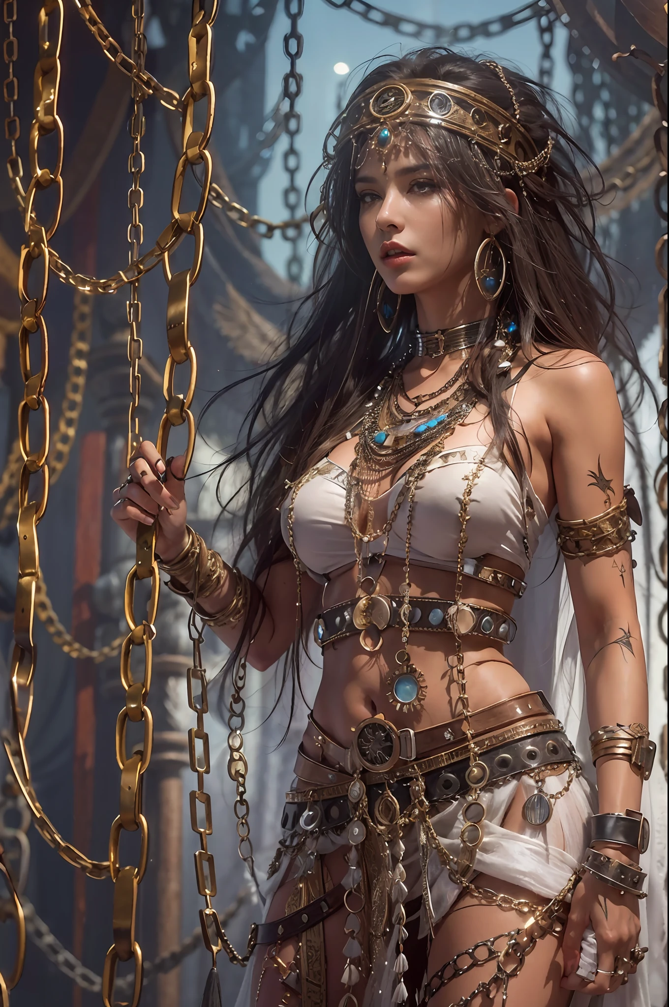 araffe woman in a costume with chains and chains around her neck, karol bak uhd, cinematic goddess body shot, extremely detailed goddess shot, young goddess, her belly button is exposed, she is dressed in shaman clothes, a steampunk beautiful goddess, captivating and enticing, beautiful goddess, lone petite female goddess, provocative indian, tall thin beautiful goddess