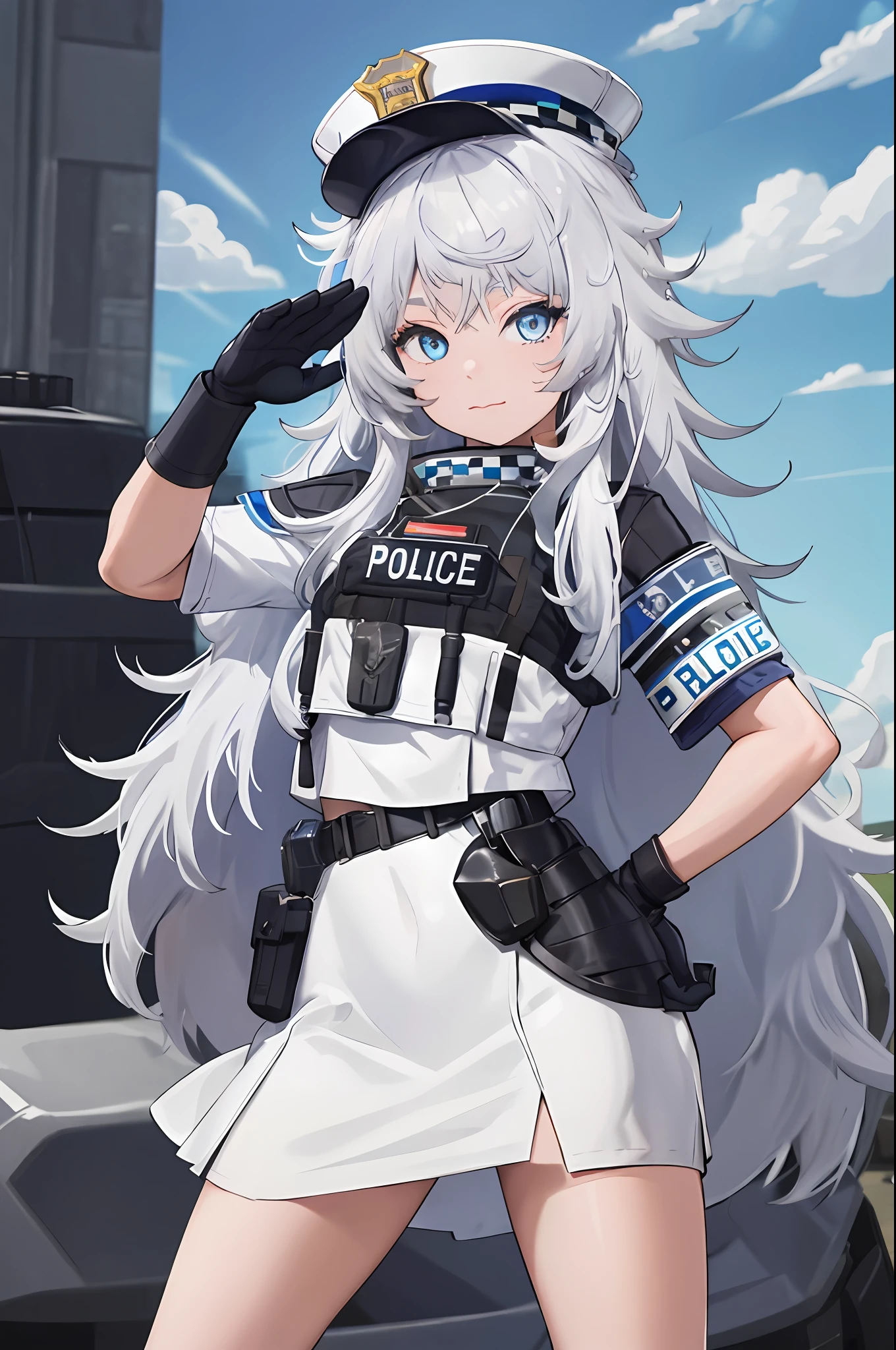 chef-d&#39;œuvre, Meilleure qualité, haute résolution, 1fille, seulement, cheveux longs, a, yeux bleus, cheveux blancs, Les cheveux en désordre, gants noirs, chaussettes blanches, uniforme de police, jupe noire, manches courtes, tir de cow-boy, saluer, main sur la hanche,