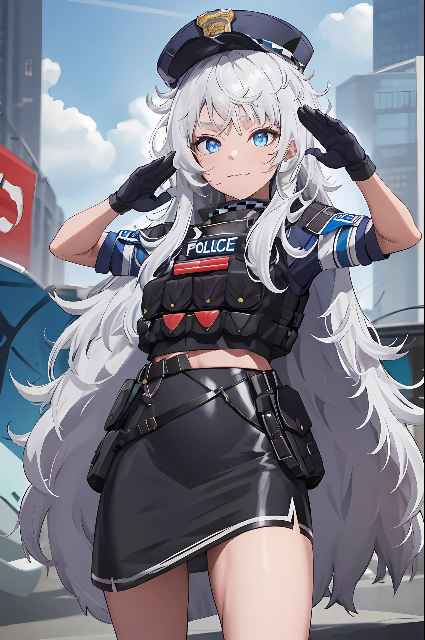 chef-d&#39;œuvre, Meilleure qualité, haute résolution, 1fille, seulement, cheveux longs, a, yeux bleus, cheveux blancs, Les cheveux en désordre, gants noirs, chaussettes blanches, uniforme de police, jupe noire, manches courtes, tir de cow-boy, saluer, main sur la hanche,