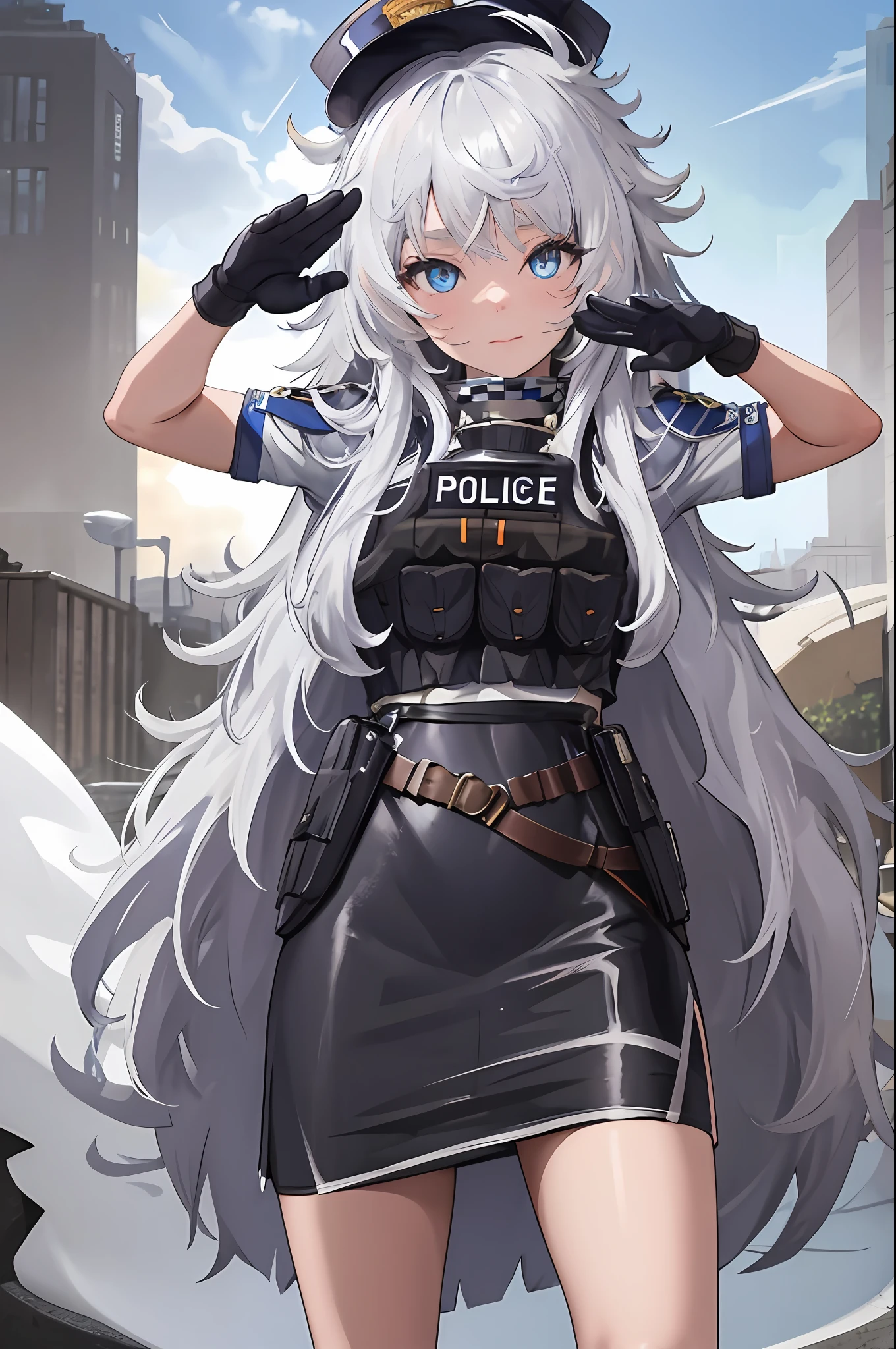 chef-d&#39;œuvre, Meilleure qualité, haute résolution, 1fille, seulement, cheveux longs, a, yeux bleus, cheveux blancs, Les cheveux en désordre, gants noirs, chaussettes blanches, uniforme de police, jupe noire, manches courtes, tir de cow-boy, saluer, main sur la hanche,