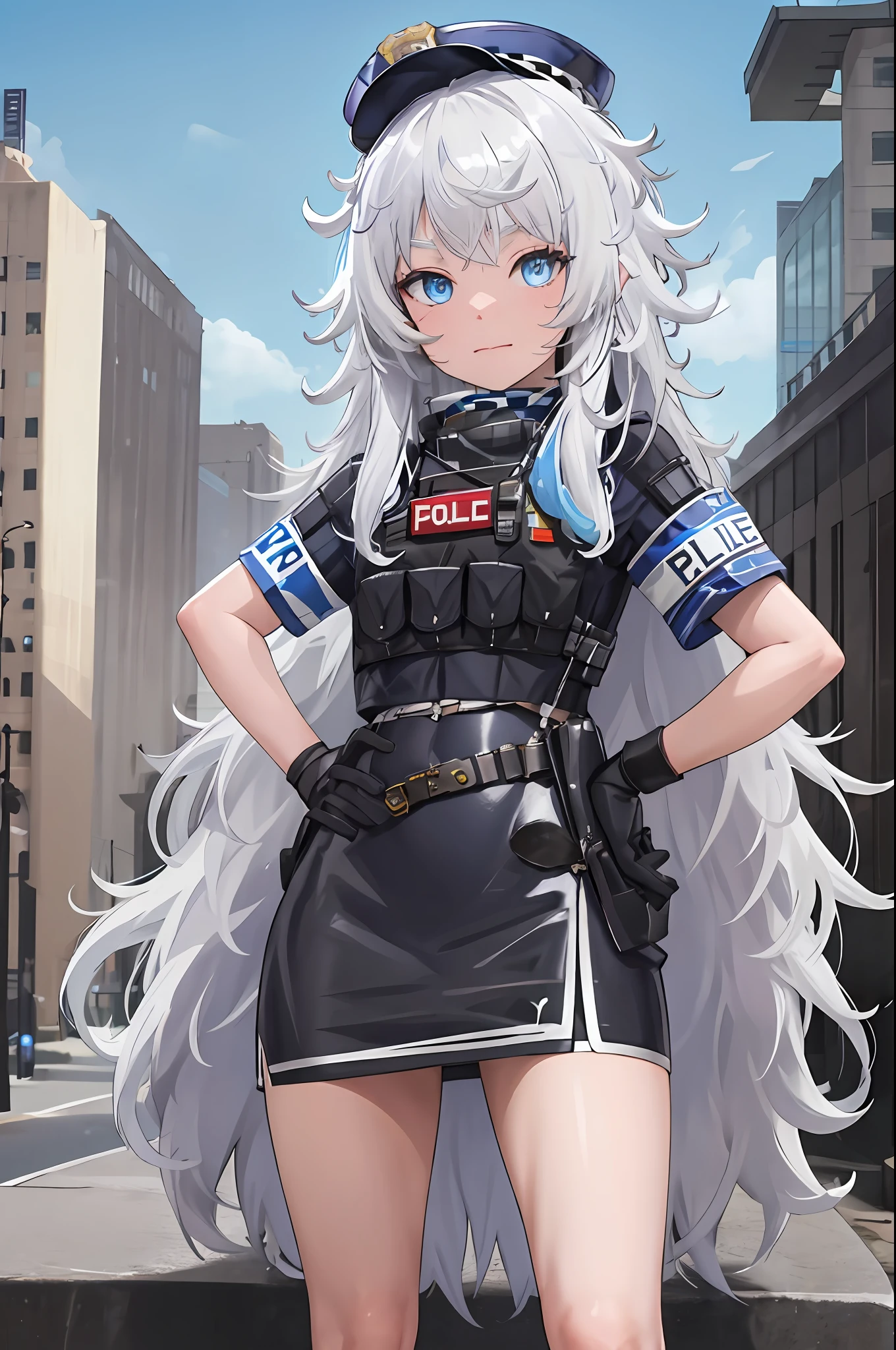 obra maestra, mejor calidad, alta resolución, 1 chica, solo, pelo largo, tiene, blue eyes, pelo blanco, Pelo despeinado, guantes negros, calcetines blancos, uniforme de policia, Falda negra, mangas cortas, tiro de vaquero, saludo, mano en la cadera,