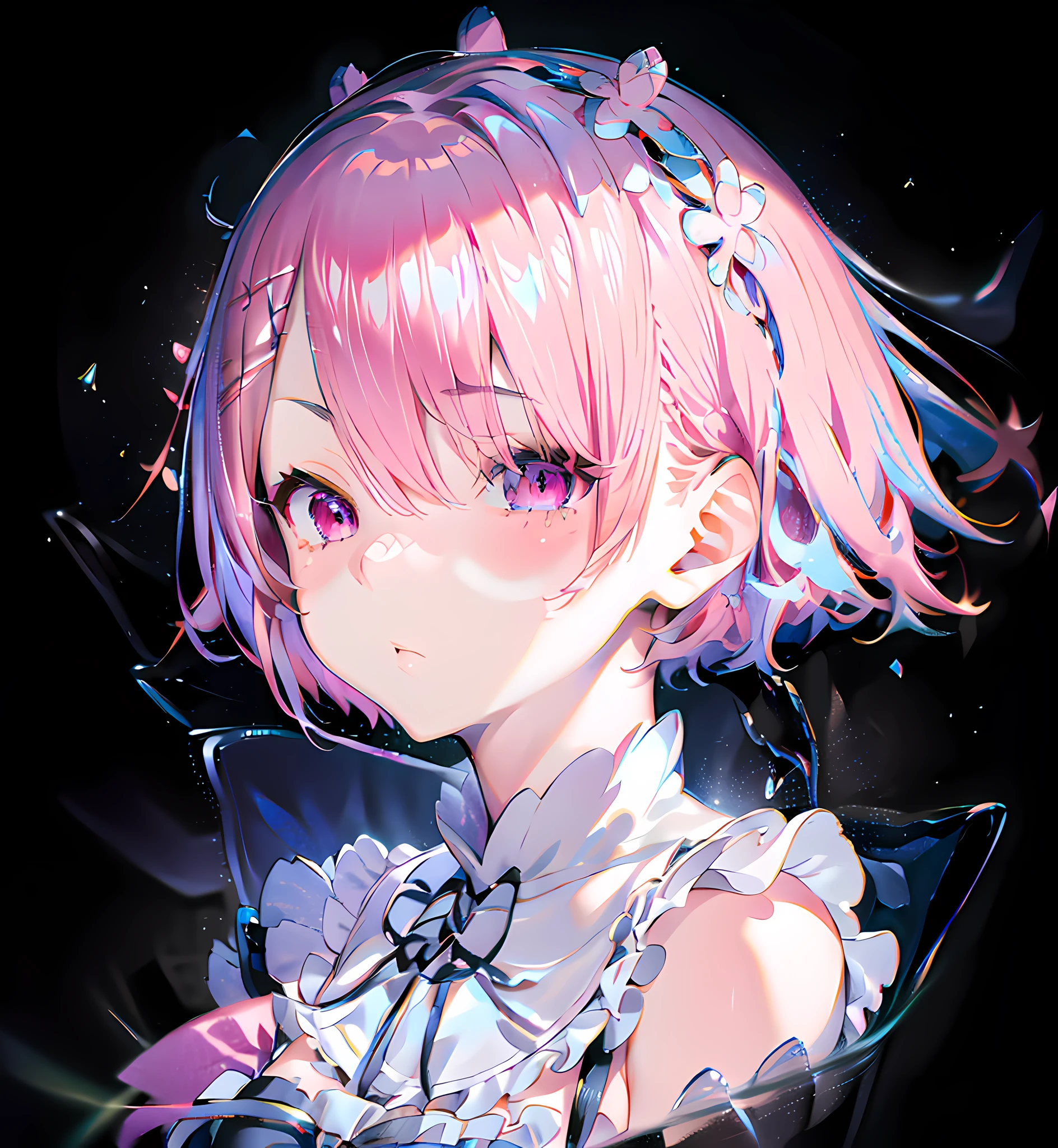 Garota anime com cabelo rosa, rem rezero, Melhor anime em 4K, retrato de uma garota mágica, linda garota com cabelo rosa curto, visual de anime de uma linda garota, pano de fundo preto,