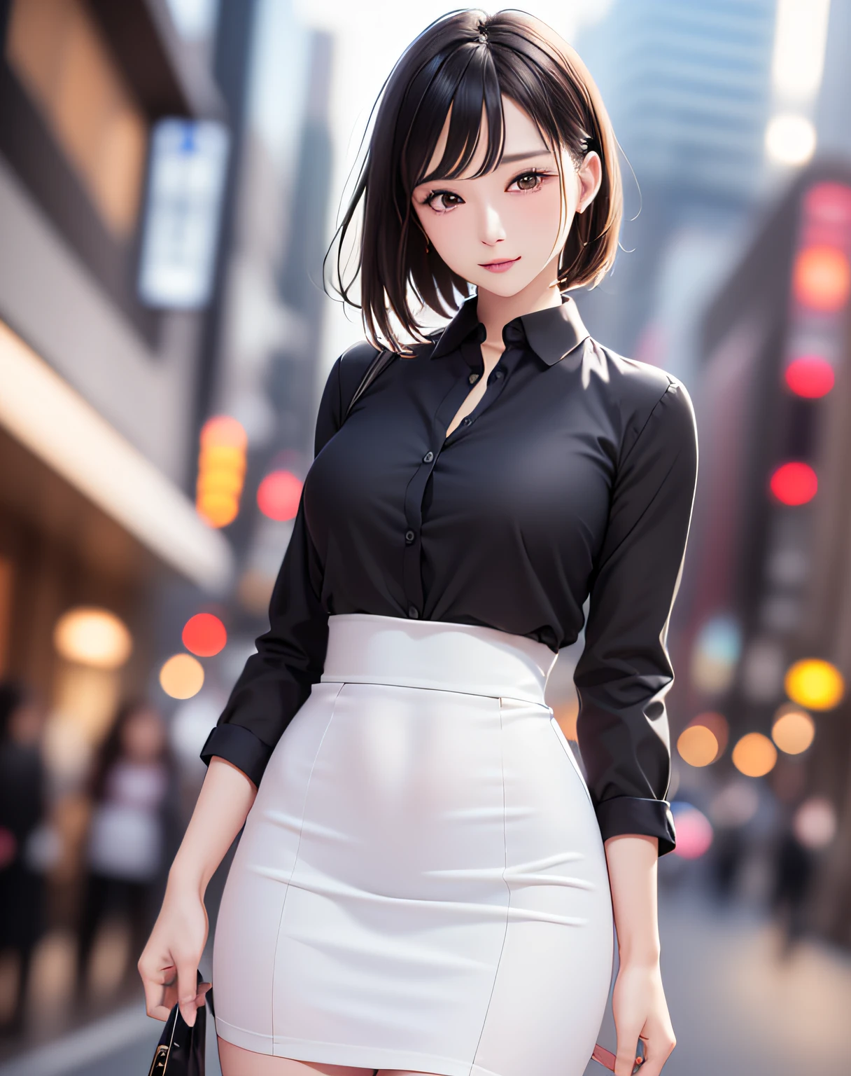 (event companion:1.5, midtown street background:1.5, standing on turn-table:1.5), photo realistic, anime style, (8k, RAW photo, best quality, masterpiece:1.2), High detail RAW color photo, professional photograph, cowboy shot, (realistic, photo realistic:1.37),cinematic light, (finery detailed face:1.2), cowboy shot, thigh 1 girl in bath, 28-38 years old, very cute, very beautiful, photo realistic, event companion, BREAK, white oily skin, real human skin, (detailed face), oval face, pores, round eyes:1.0, ultra high res, BREAK, slim, (medium-large-breast:1.37, cleavage:1.37), (looking straight at viewer with a serene and goddess-like happiness:1.2), (lifter gloss, eyelashes, gloss-face, best quality, ultra highres, Broad lighting, natural shading), (beautiful thin short hair, wavy pony-tail hair style:1.5, shiny-black hair:1.5), BREAK, (event companion uniform:1.3, white collared shirt;1.3, black high-waist pencil-skirt:1.3), BREAK, ((show case:1.5, standing in the street1.5)), ((from below:1.3, show girl posing1.5)), blurry background, bokeh, depth of field, cowboy shot:1.3, centered image,