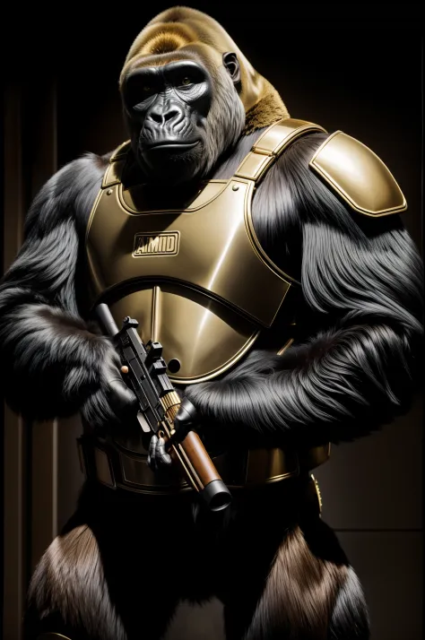 a gorilla in body armor holds a gun，tmasterpiece，animal hair，best quality at best，best detail，multi-angle lighting，ambient light...