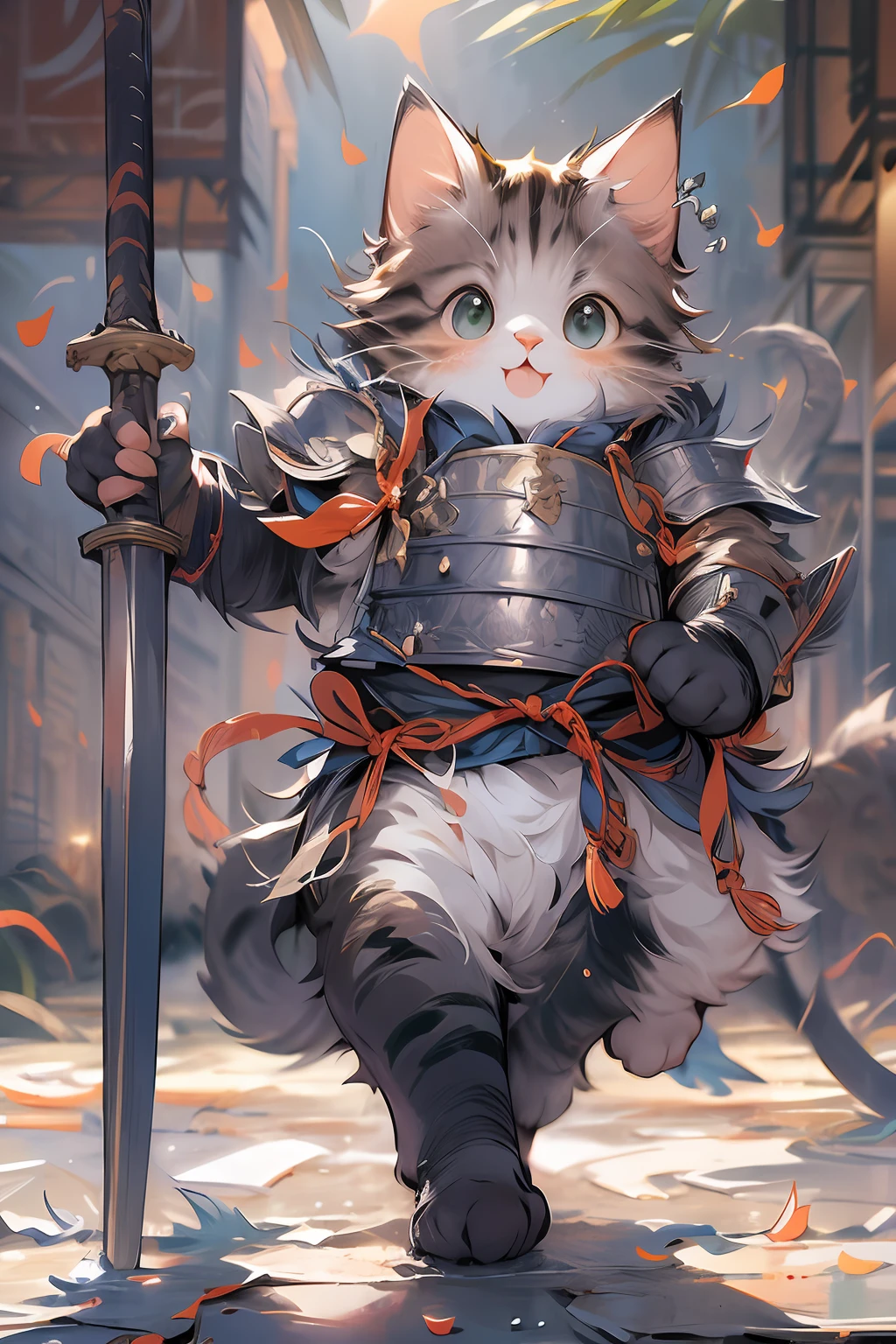 (Masterpiece:1.2, high quality),cat, absurdres, highres, ultra detailed, 1cat, cute [cat:human] wearing samurai armor, smile, holding sword