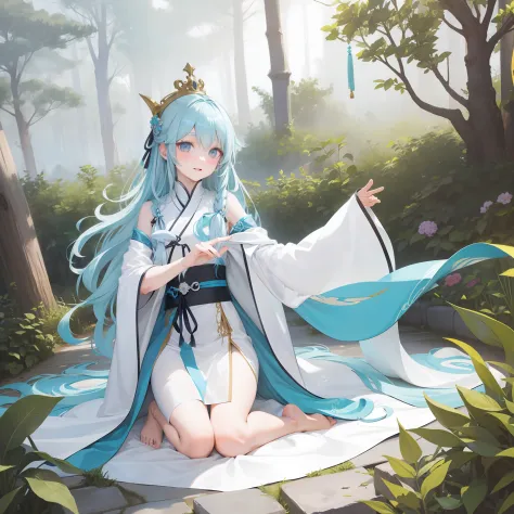 Dressed in a white robe。Wears a silver crown on his head，Long curly blonde hair，Turquoise eyes，Barefoot in the forest
