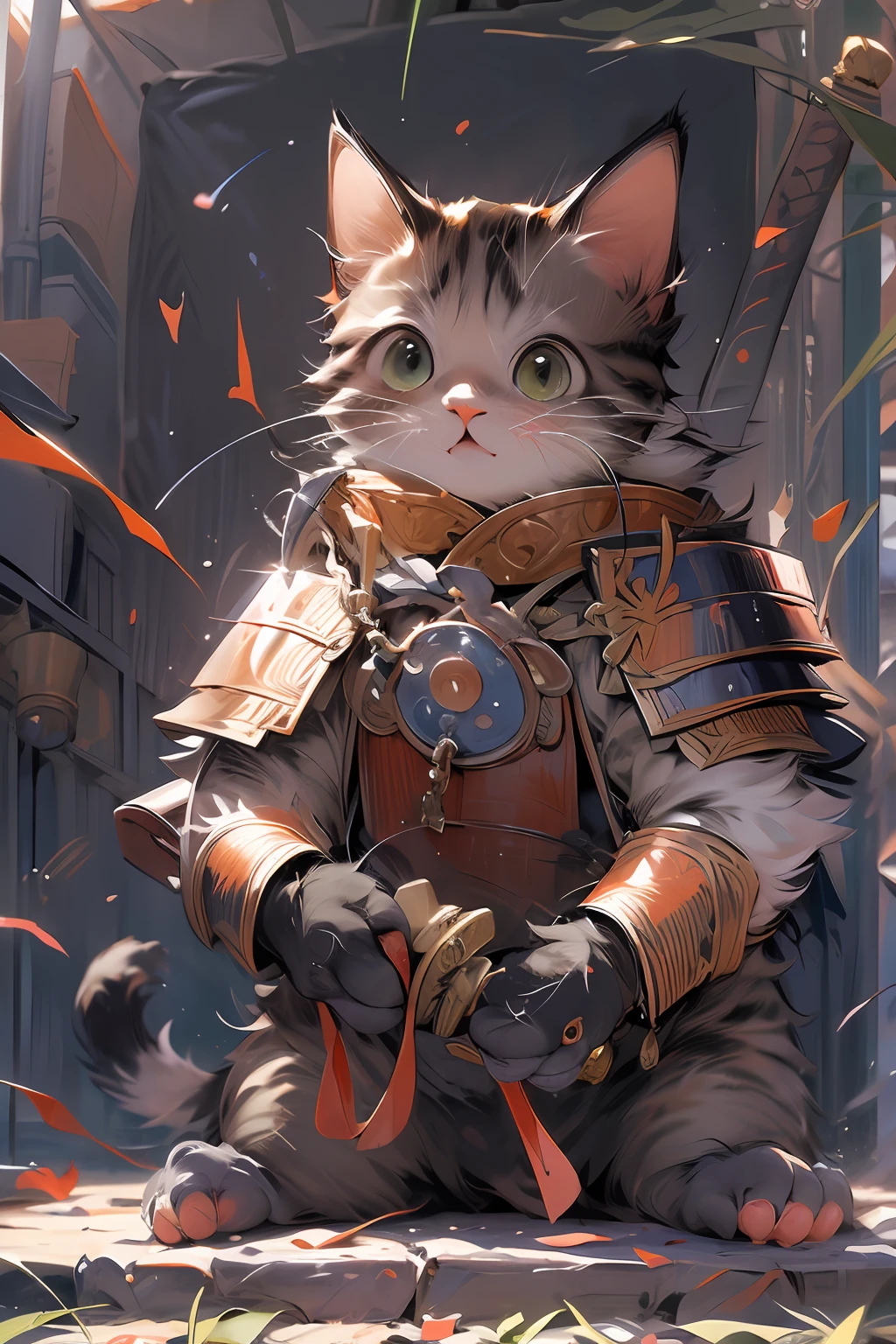 (Masterpiece:1.2, high quality),cat, absurdres, highres, ultra detailed, 1cat, cute [cat:human] wearing samurai armor, smile, holding sword