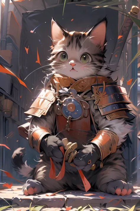 (masterpiece:1.2, high quality),cat, absurdres, highres, ultra detailed, 1cat, cute [cat:human] wearing samurai armor, smile, ho...