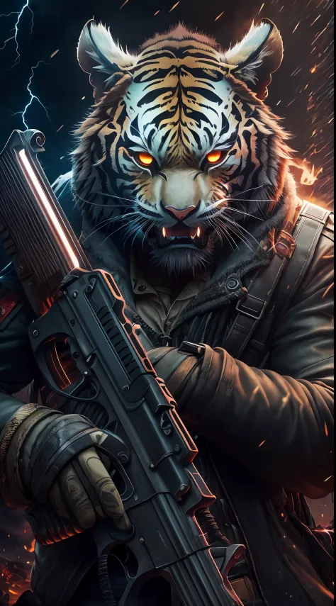 Angry Tiger God, closeup cleavage, Steampunk anthropomorphism , Hold a Saab punk glowing rifle，Carry a grenade，Magazines，Black D...