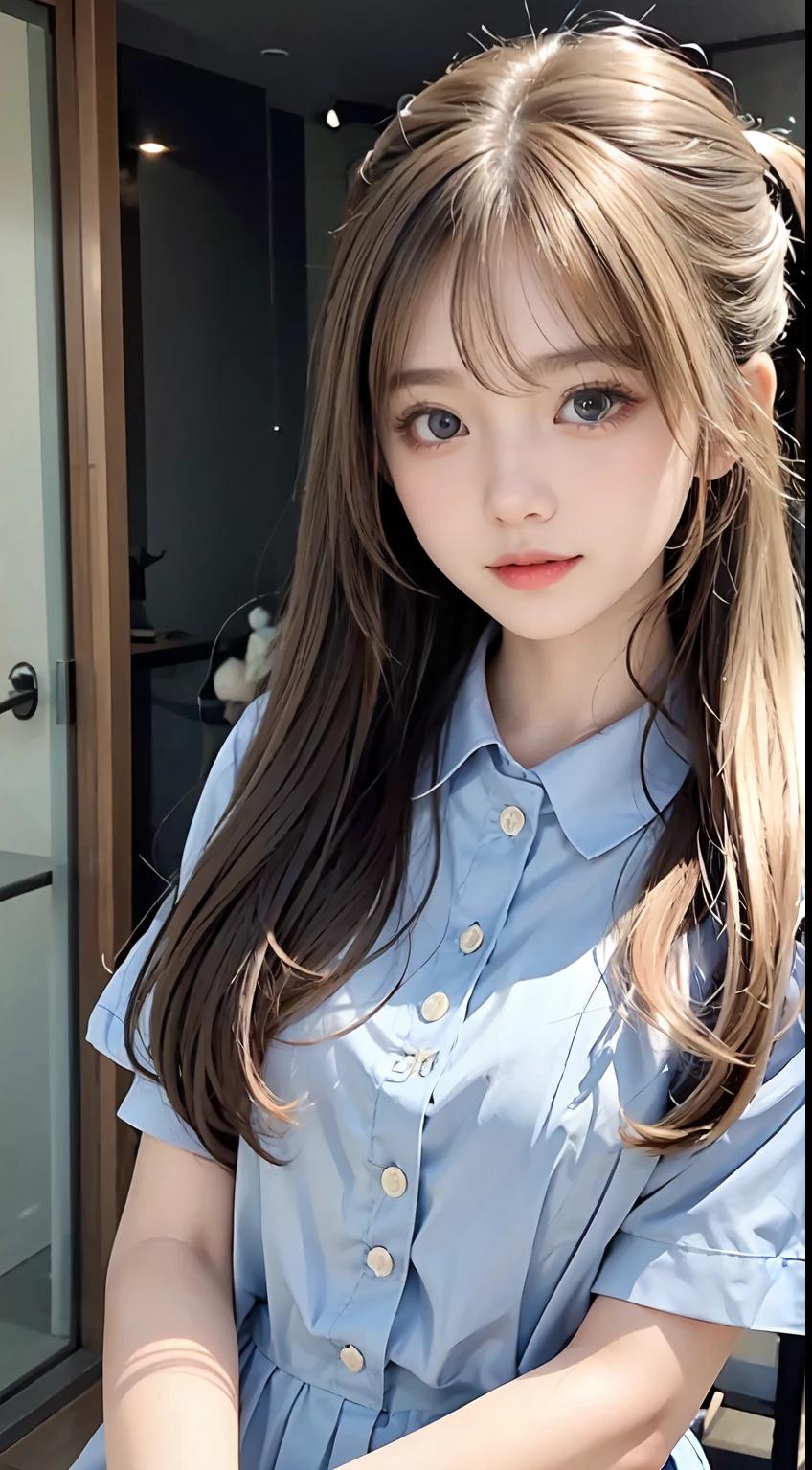 bright expression、Foto realism、top-quality、超A high resolution、A picture、The most beautiful photos of Nordic girls、Detailed cute and beautiful face、a small face、(PureErosFace_V1:0.008)、beautiful bangs、alice in the wonderland、young 17 years old、shiny white shiny skin、poneyTail、Bangs that extend to the face、By bangs、Hair between the eyes、Super long hair、Attractive platinum blonde hair is extra-long silky hair、finer hair、Charming glowing beauty bright clear clear light blue big eyes、School uniforms、Student clothes、eyes liner、Double eyelids、crisp breasts