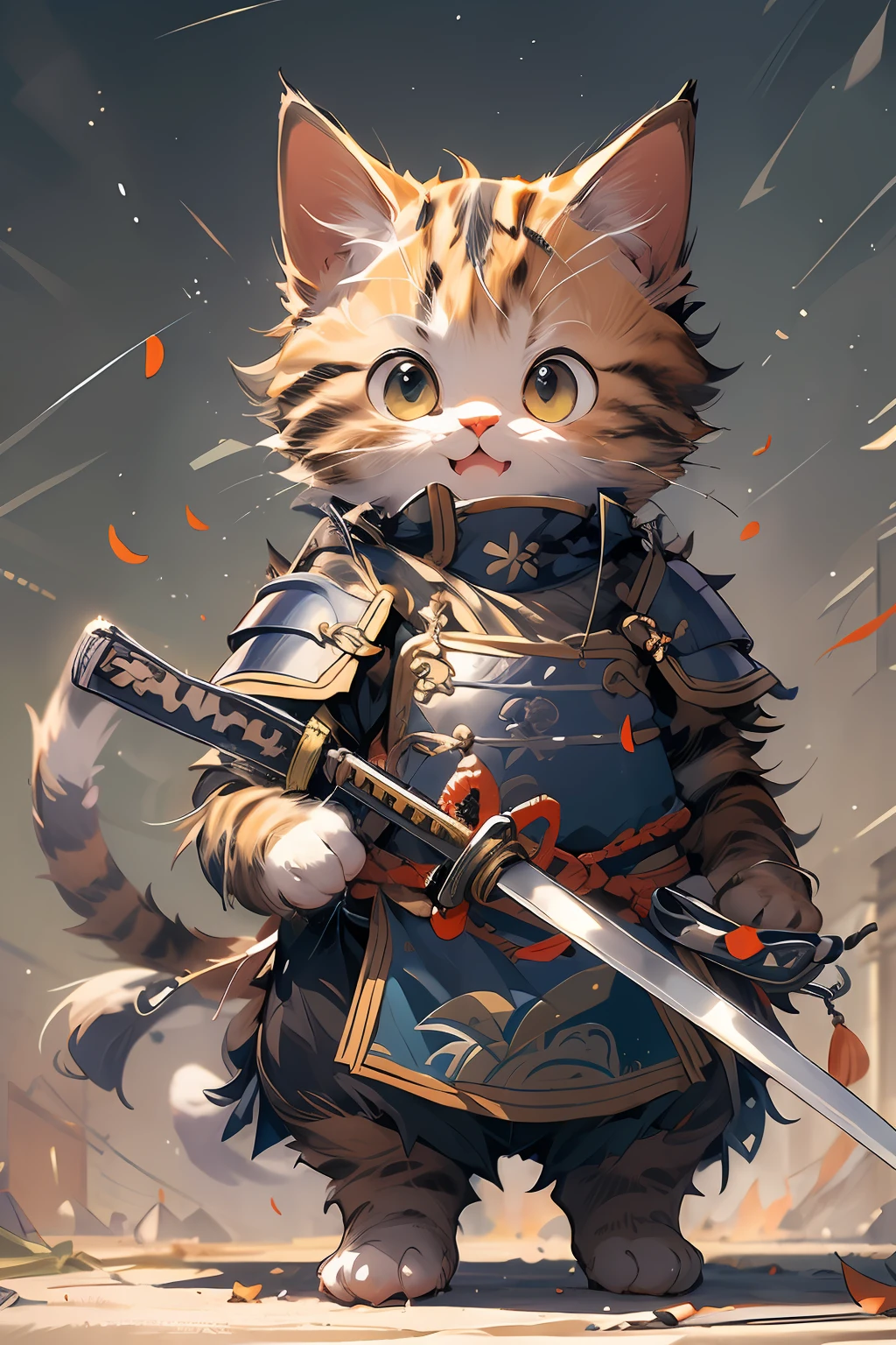 (obra de arte:1.2, alta qualidade),Gato, absurdos, alta resolução, ultra detalhado, 1Gato, bonitinho [Gato:humano] vestindo armadura de samurai, sorriso, segurando a espada