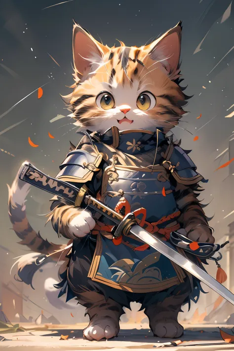 (masterpiece:1.2, high quality),cat, absurdres, highres, ultra detailed, 1cat, cute [cat:human] wearing samurai armor, smile, ho...