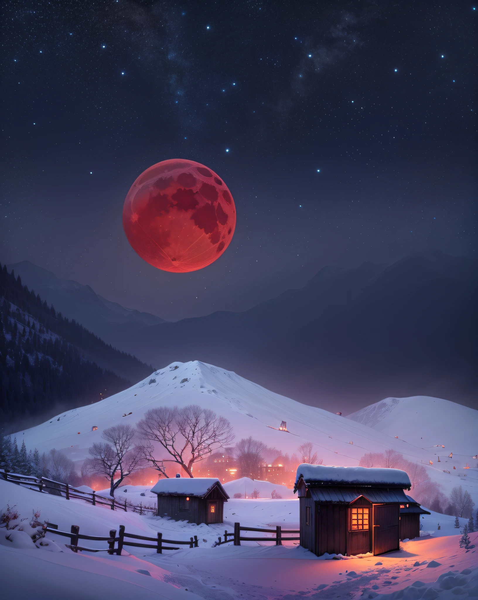 暗い夜、赤い月、雪景色、雪山、小さな小屋、小屋の窓から漏れる光