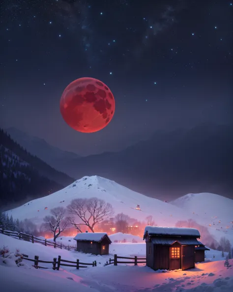 a dark night、red moon、snowscape、snow mountains、small shed、light leaking through the shed window