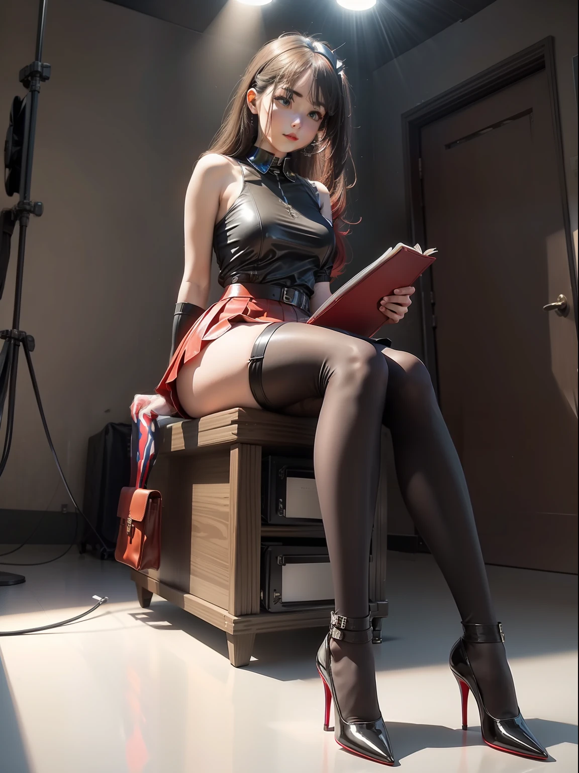 (Full body shooting ：2), （Full Focus：1.3）,Must show your face, anatomy correct,，The character wears a knee-length skirt，Hold a book，Red and blue color scheme，Strangling effect，High-heeled leather shoes, anklet，leg loops，collars，Heavy makeup, A shallow laugh, Latex over-the-knee socks must be worn, hyper HD, Ray traching, structurally correct, Award-Awarded, high detal, lightand shade contrast, cinmatic lighting, tmasterpiece, super detailing, high high quality, high detal, best qualityer, 16k