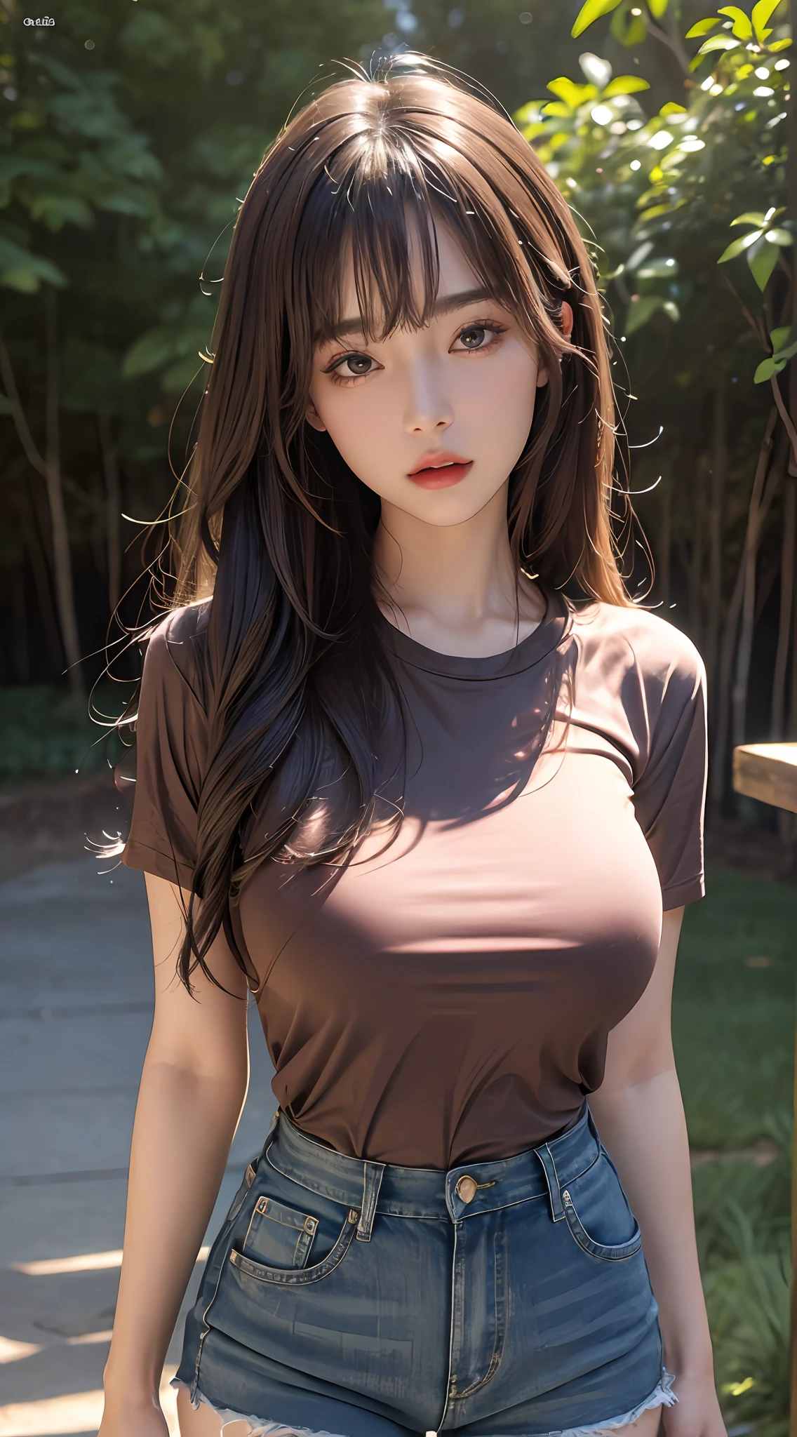 ((top quality, 8k, masterpiece: 1.3)), sensual woman, 1 girl, (slender figure: 1.2), dark brown hair, (outdoor, shirt, shorts: 1.1), ultra detailed face, detailed lips, detailed eyes, double eyelids, (huge breasts: 1.2)