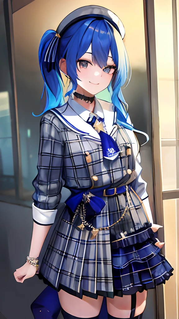 ​masterpiece、top-quality、Hi-Res、SUI1、1girl in、独奏、side poneyTail、Star Seven Mercury、jewely、single sock、Thigh strap、A bracelet、Blue socks、buttoning、single kneehigh、Plaid dresses、Blue choker、Blue belt、plaid skirts、mini crown、grey skirt、Blue Ascot、long-sleeve、Plaid jacket、cowboy  shot、A smile、Streets of Tokyo