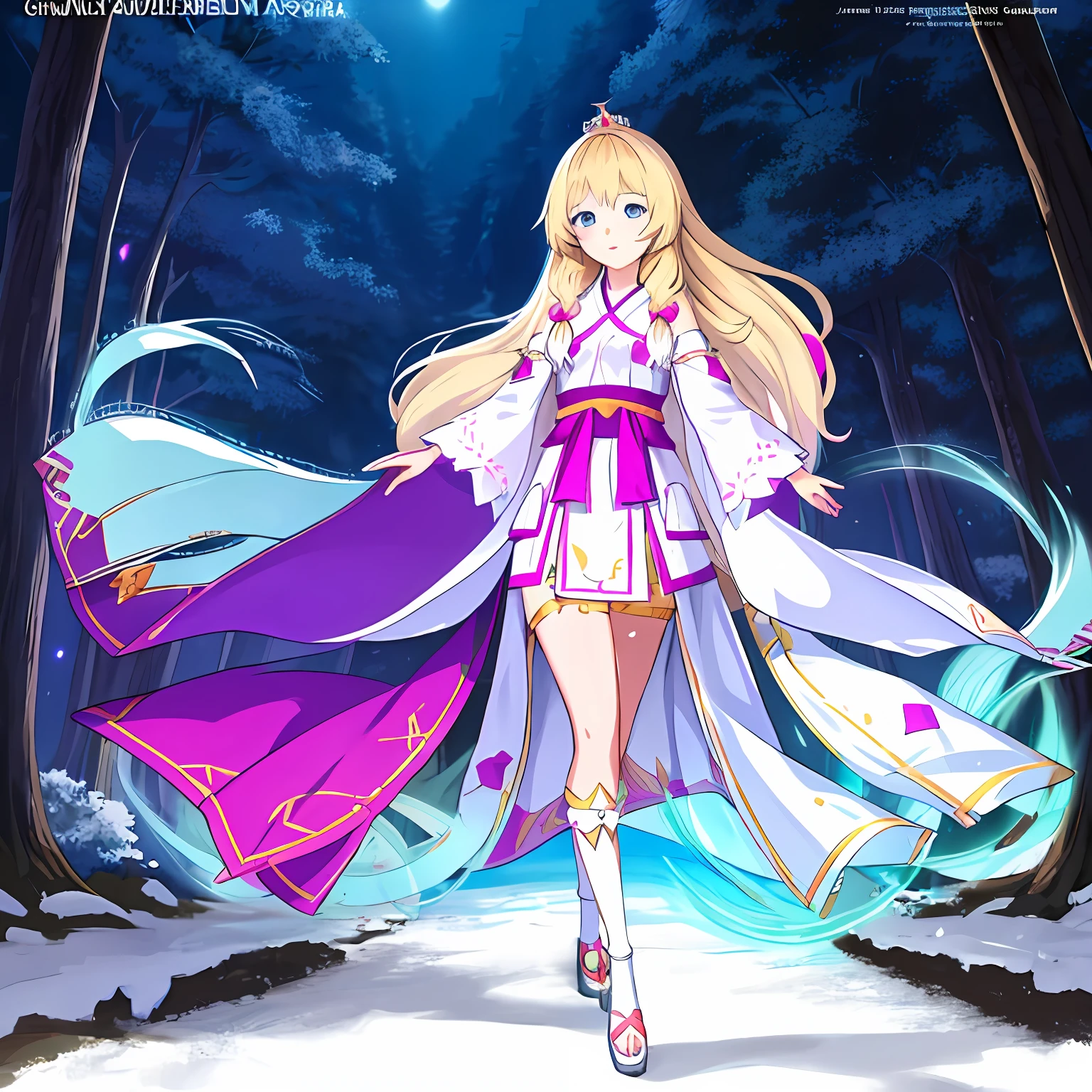 Fille d&#39;anime en robe blanche et couronne marchant sur le chemin, Oeuvre de style Guviz, Princesse 'Kida' Kidagakash, princesse aux cheveux blonds, reine de la forêt, fille anime blonde aux cheveux longs, anime luxuriant john 8k bois, Guweiz dans Pixiv ArtStation, déesse animée, cheveux flottants et robes longues