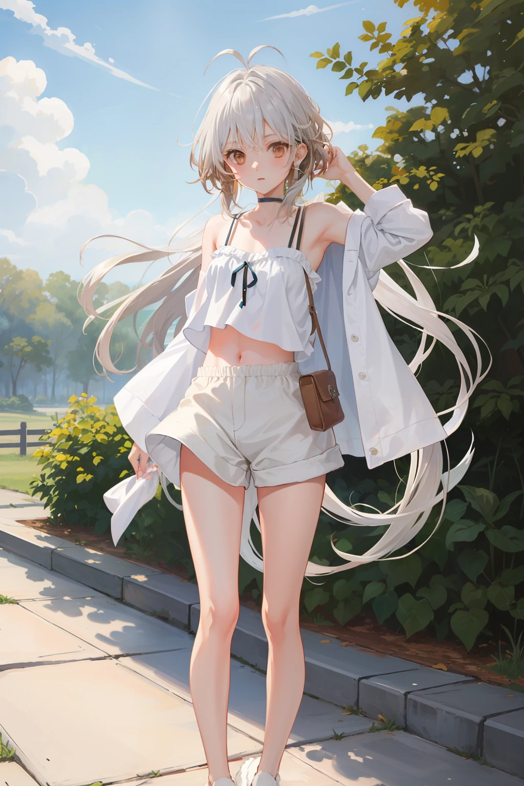 1 girl， Outdoors, Short white top, white  panties, brown  hair, long whitr hair, slippers, Slim, long leges, Silver hair, Long hair, En plein air, Chiaroscuro, hyper HD, ccurate, High details, Best quality