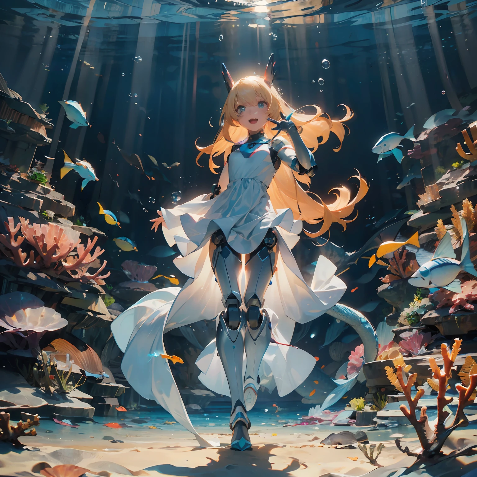 dynamic angle,(((A robot girl with long flaxen hair and wearing a white dress of the sea and sings while.:1.6))).,a extreme detailed photo of stunningly-beautiful deep blue summer see, (((big smile:1.6))),(((mecha musume))), (mechanization),(robot joints), ((cyborg)), ((mechanical parts)),8K, detailed gradient from turquoise to blue to black, a professional photographer took the scene with DSLR and SIGMA 20mm F1.4 DG DN | Art,fine weather, illustration, best aesthetic, best quality, masterpiece, extremely detailed,stunningly-beautiful deep blue ,stunningly-beautiful deep blue summer ocean, BREAK Fish ears ,quality,masterpiece,illustration,Fish ear,Mermaid,(machine:1.1),(Mecha:1.1),(Mechanical fish tail:1.5),(Blank background:1.6),(Neon color:1.5),(Fluorescent color:1.5),(Fluorescent eye:1.1),(fin:1.2),(Fluorescent sea color:1.3),(Saturation:1.5),(Laser violet:1.3),(Fluorescent Turquoise blue:1.3),(Mixed colored hair:1.2),(Butterfly:1.1),High technology,(Human arm:1.1),(((Underwater))),(Ocean Bottom),((Bubbles)),Seaweed, Algae, Rocks, Coral. (Science Fiction).(Best Quality: 3.0),(Masterpiece: 3.0),(Ultra-Detailed: 3.0),((Intricate)),((Super Delicate)),(sunlight,fishes,coral reef,bubbles under sea,shining body,shining world:1.4),(4K),HDR,3D,GAME CG,realistic,
BREAK swim dynamically in water,
BREAK Dragon ear,
BREAK (small dragon submarine:1.5)
BREAK (looking away, upturned:1.3) eyes , (face focus,full body,fisheye lens,from below, ((scenery,magnificient view,senic view,sea detailed background)):1.3),