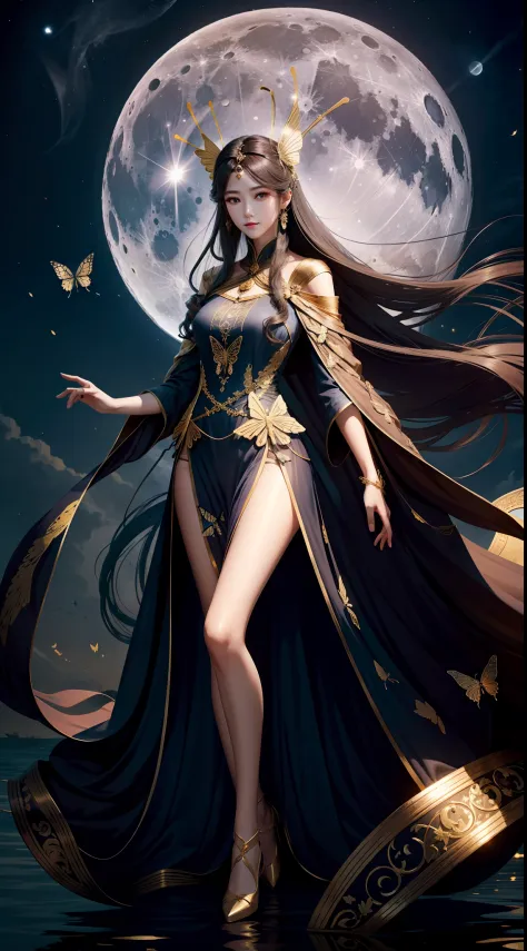 large long leg detail，costumes covered with traces of war，background of moonlit night。finger sky bright moon，long flowing hair，g...