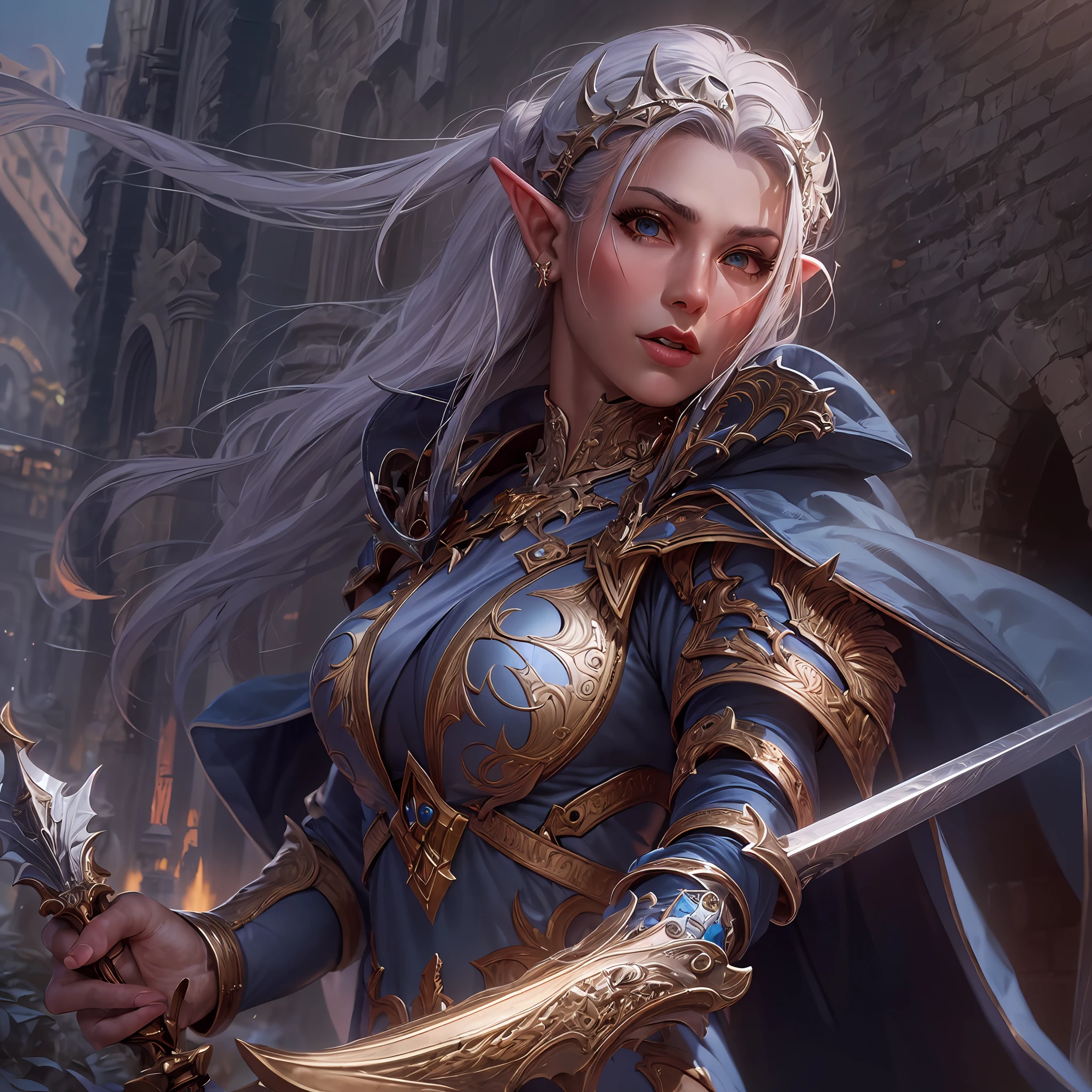 a picture of a female elf (intense details, Masterpiece, best quality: 1.5) fantasy swashbuckler, fantasy fencer, armed with a slim sword, shinning sword, metallic shine, colorful clothes, an ultra wide shot, full body (intense details, Masterpiece, best quality: 1.5)epic beautiful female elf (intense details, Masterpiece, best quality: 1.5), rich hair, braided hair, small pointed ears, fantasy urban street (intense details, Masterpiece, best quality: 1.5),  purple cloak  (intense details, Masterpiece, best quality: 1.5), long cloak (intense details, Masterpiece, best quality: 1.5), elven leather armor  (intense details, Masterpiece, best quality: 1.5) sense of daring, sense of adventure,  high details, best quality, 8k, [ultra detailed], masterpiece, best quality, (extremely detailed), dynamic angle, ultra wide shot, photorealistic, RAW, fantasy art, dnd art,fantasy art, realistic art,