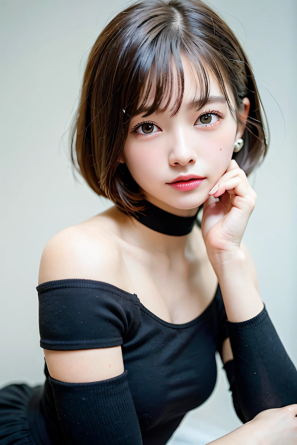 Top quality, ultra-high resolution, (photorealistic: 1.4), 1 girl, off-shoulder white shirt, black tight skirt, black choker, (faded ash-gray hair: 1), (small: 1.2), look at viewer, close-up, gorgeous (very short hair, forehead: 1.2),