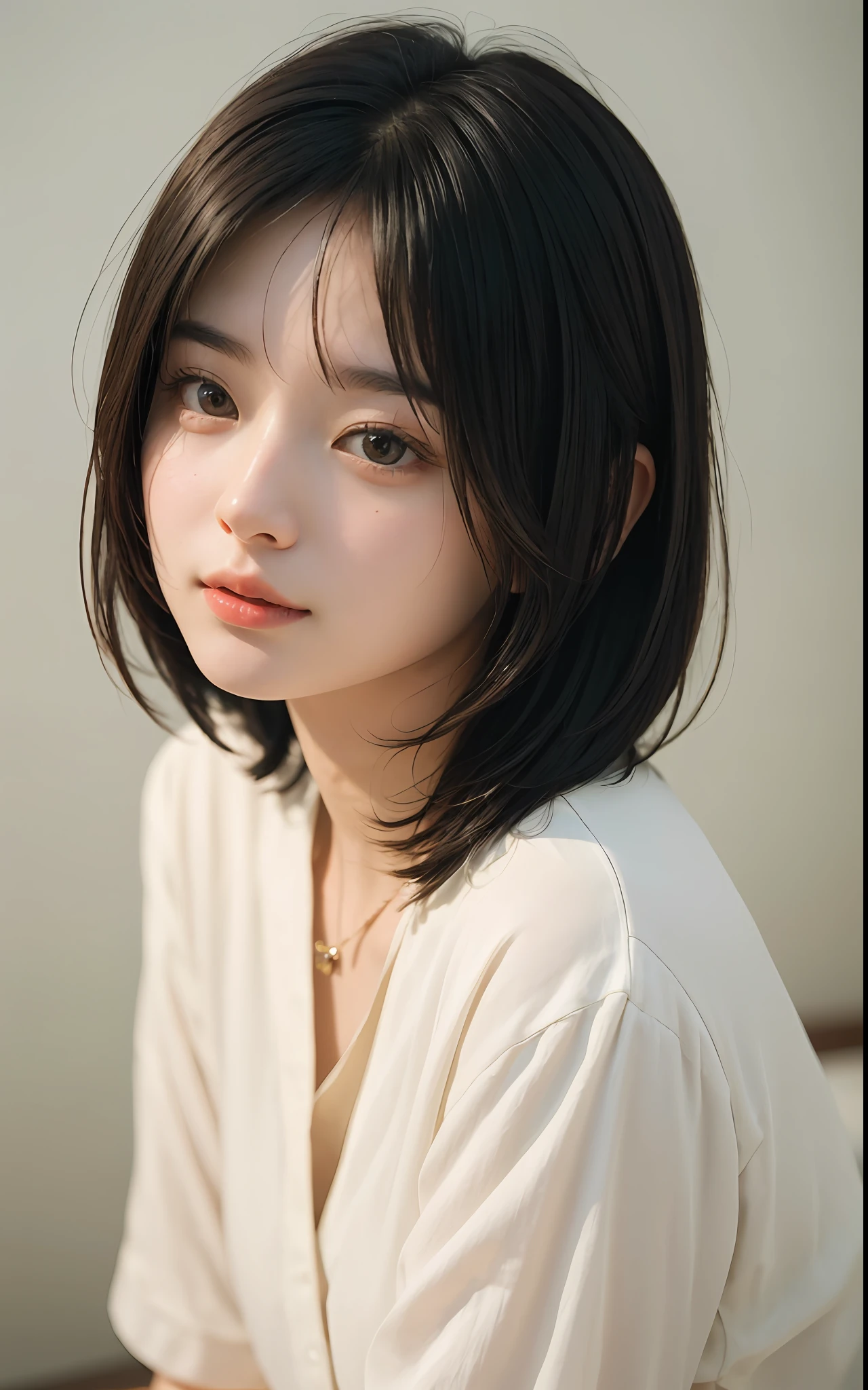 ((top-quality、​masterpiece))、Raw photography、8K、top-quality、 超A high resolution、Beautiful face in every detail、Realistic human skin、Gentle expression、front-facing view、Farbe々From an angle、(Bob Hair:1.5)、realisitic、Photorealsitic、cute little、a necklace、bangss、