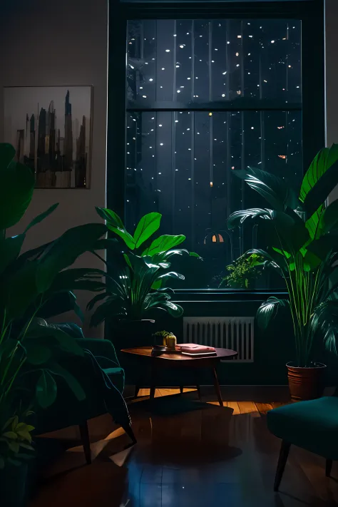 dimly lit mid-century modern living room with dark and rainy night outside, (rainy and foggy night: 1.2), Pacific Northwest, (dim lighting: 1.4), (dim lighting: 1.2), plants, large plants, rainy, monstera, many plants, (foggy windows:1.2), masterpiece, bet...
