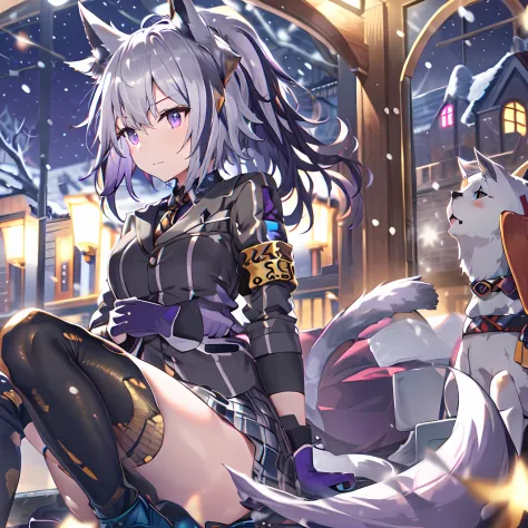 Girls, purple hair, cat ears, jacket blck and white, armband yellow, school, night time, snowing, gloves