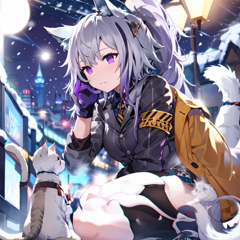 Girls, purple hair, cat ears, jacket blck and white, armband yellow, school, night time, snowing, gloves
