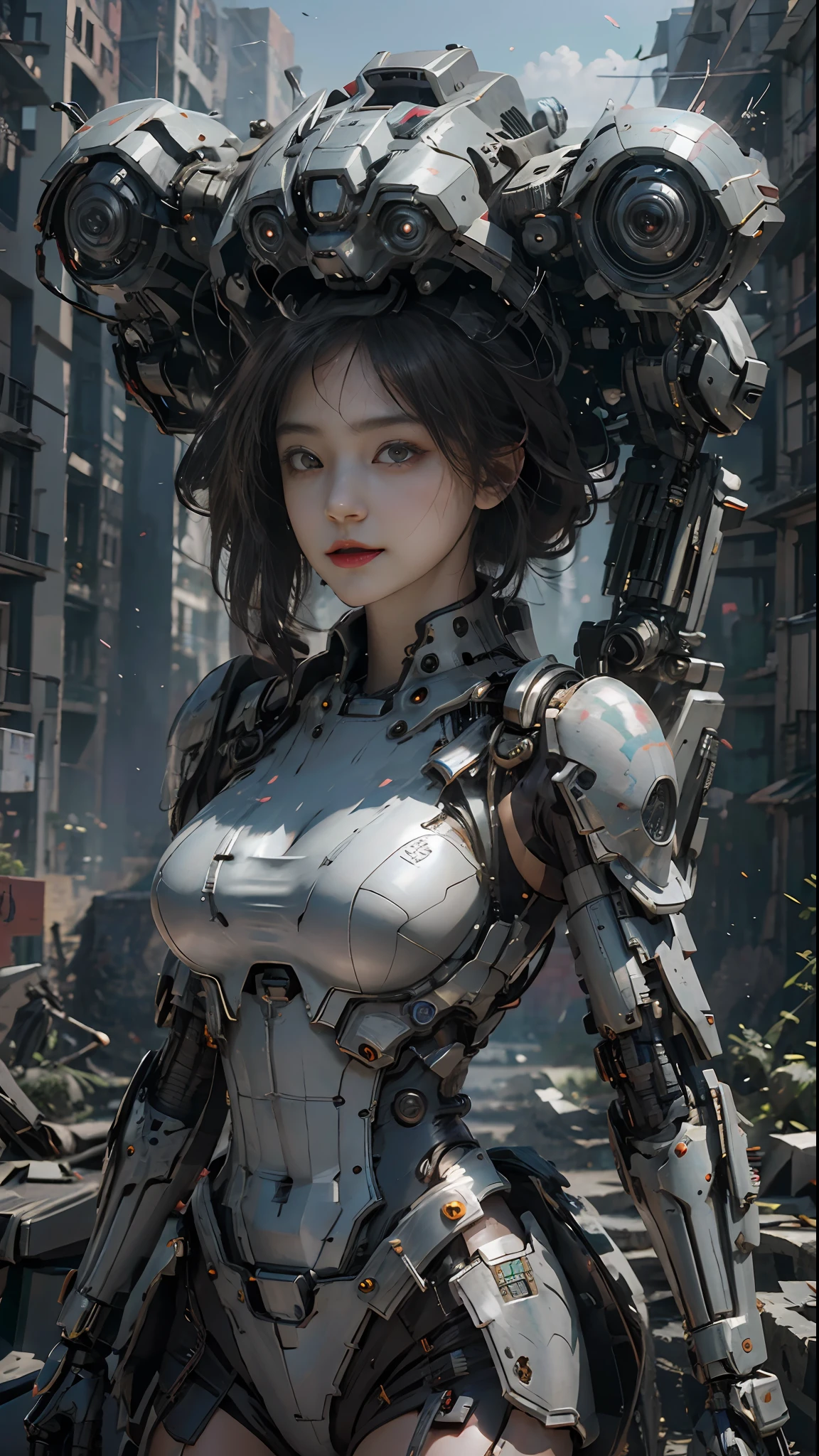 ((Best Quality)), ((Masterpiece)), (Very Detailed:1.3), 3D, Shitu-mecha, Beautiful cyberpunk woman with her pink mech in the ruins of a city in the forgotten war, Ancient technology, HDR (High Dynamic Range), ray tracing, NVIDIA RTX, super resolution, unreal 5, subsurface scattering, PBR texture, post-processing, anisotropic filtering, depth of field, maximum sharpness and sharpness, multi-layer texture, albedo and highlight maps, surface shading, Accurate simulation of light-material interactions, perfect proportions, octane rendering, duotone lighting, low ISO, white balance, rule of thirds, wide aperture, 8K RAW, high efficiency sub-pixels, subpixel convolution, luminous particles, light scattering, tyndall effect (whole body), (delicate facial features), (perfect face), dynamic angles.
