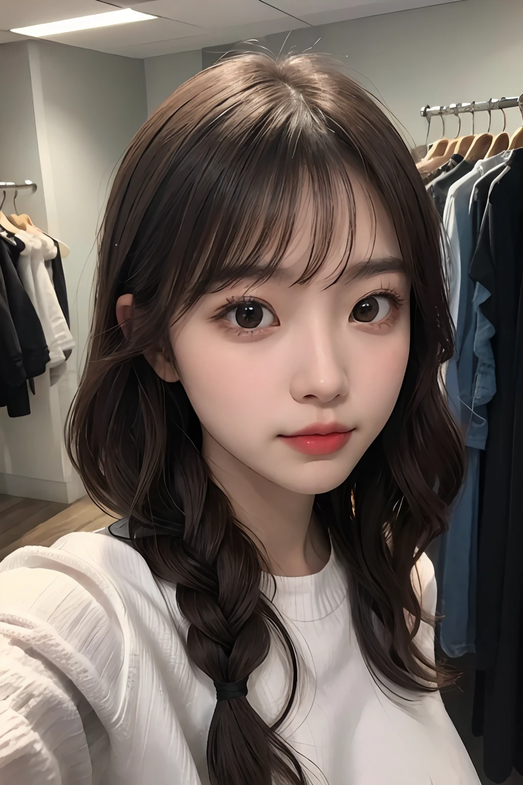 ((1girl in)),Light Brown Fringe Hair、Braided hair、disheveled hair、Light brown eyes、(dignified expression)、((Casual clothing))、(爆乳:1.4)、Emphasize the valley、fittingroom、Selfie、(Photorealsitic)、(intricate detailes:1.2)、(​masterpiece、:1.3)、(top-quality:1.4)、(超A high resolution:1.2)、超A high resolution、(A detailed eye)、(detailed facial features)