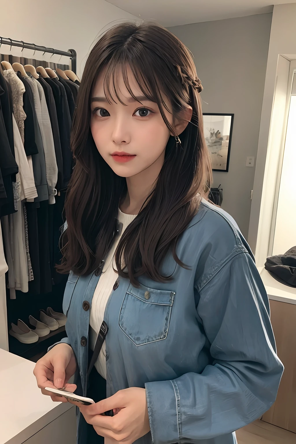 ((1girl in)),Light Brown Fringe Hair、Braided hair、disheveled hair、Light brown eyes、(dignified expression)、((Casual clothing))、(Big Tits:1.4)、Emphasize the valley、fittingroom、Selfie、(Photorealsitic)、(intricate detailes:1.2)、(​masterpiece、:1.3)、(top-quality:1.4)、(超A high resolution:1.2)、超A high resolution、(A detailed eye)、(detailed facial features)