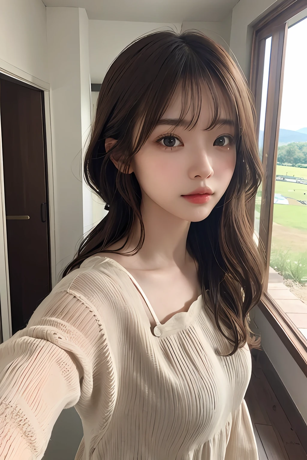 ((1girl in)),Light Brown Fringe Hair、Braided hair、disheveled hair、Light brown eyes、(dignified expression)、((Casual summer clothes))、(Big Tits:1.4)、Emphasize the valley、fittingroom、Selfie、(Photorealsitic)、(intricate detailes:1.2)、(​masterpiece、:1.3)、(top-quality:1.4)、(超A high resolution:1.2)、超A high resolution、(A detailed eye)、(detailed facial features)