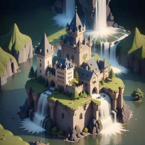 isometric castle with waterfall, pure white background, (isometric 3D), (masterpiece), (very detailed CG unity 8k wallpaper), (best quality), (best illustration), (best shadow), brick, lush vegetation, octane rendering, ray tracing, ultra-detailed