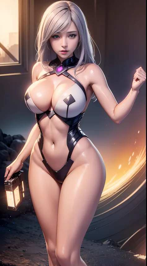 ((Best quality)), ((masterpiece)), (detailed:1.4), 3D, A beautiful cyberpunk female figure，The chest is large，There is a ditch，low chest，Thick hair，light particules，Pure energy chaos anti-technology，HDR（HighDynamicRange），Ray traching,NVIDIA RTX,Super-Resol...