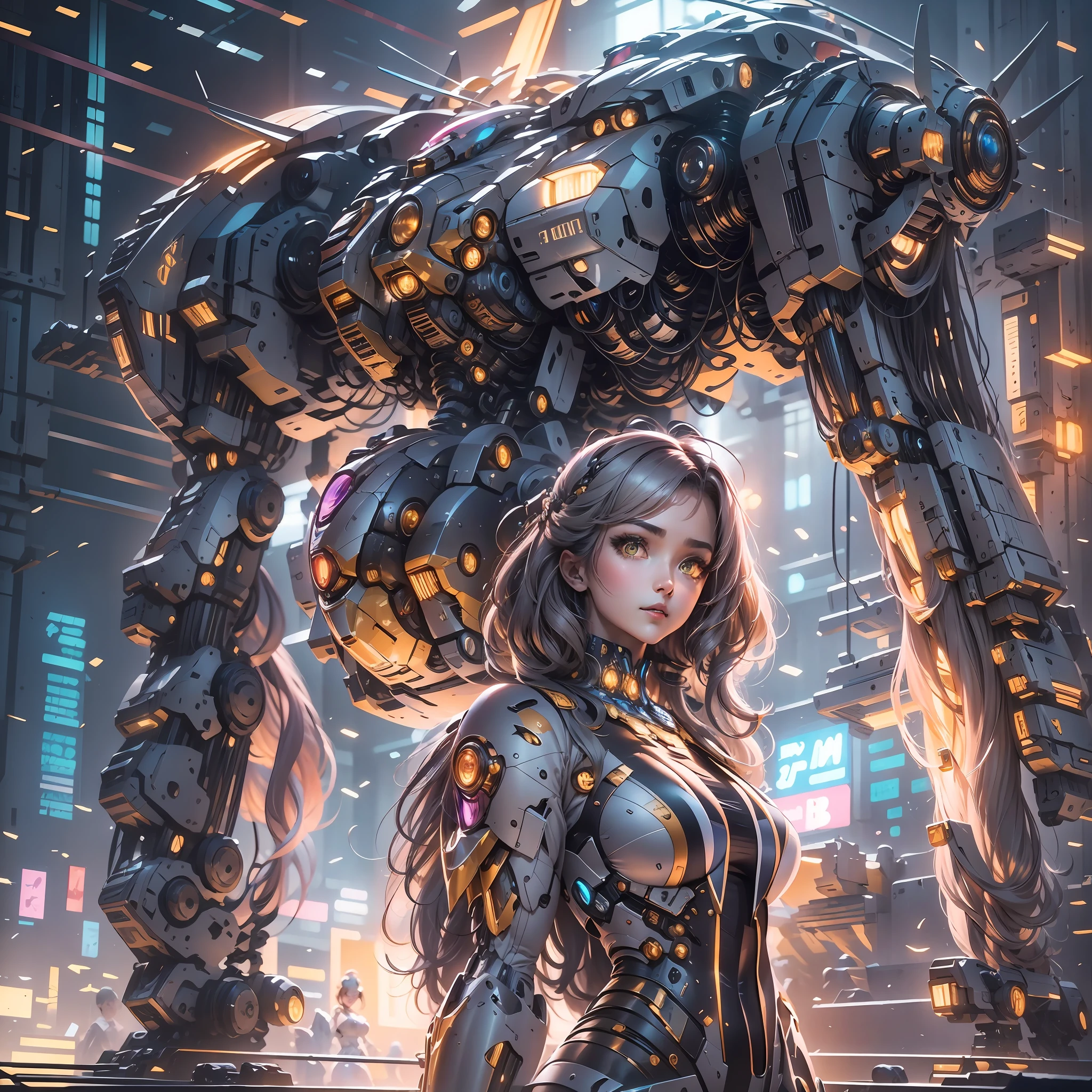 （（tmasterpiece，best qualtiy）），illustration，Ultra-detailed 8K，Clear focus，A highly detailed，Professional lighting，Colorful detailed，A girl and a mech，Beautuful Women，lottalewdsLargeMecha，cranny，with light glowing，with light glowing，Complicated details，（（1girl stands in front of the audience）），（（There is a mech warrior behind him））