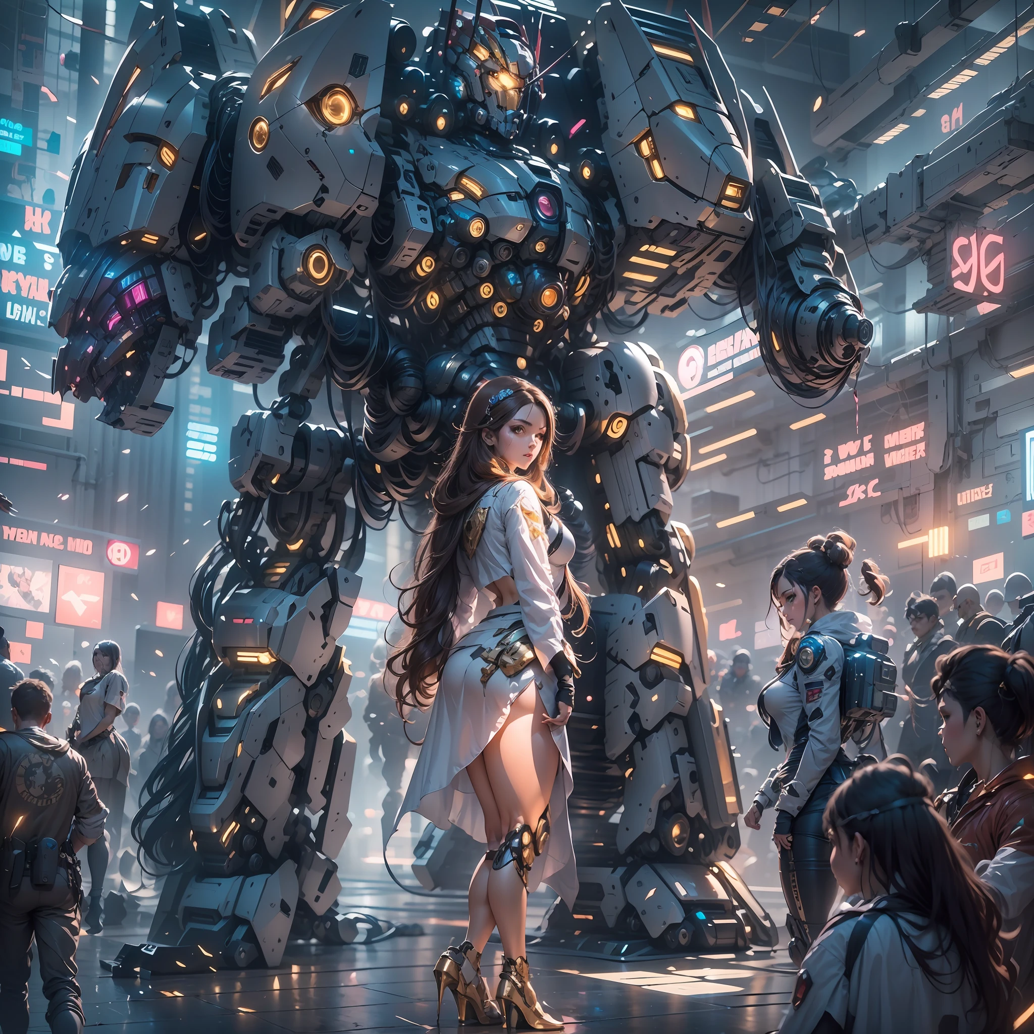 （（tmasterpiece，best qualtiy）），illustration，Ultra-detailed 8K，Clear focus，A highly detailed，Professional lighting，Colorful detailed，A girl and a mech，Beautuful Women，lottalewdsLargeMecha，cranny，with light glowing，with light glowing，Complicated details，（（1girl stands in front of the audience）），（（There is a mech warrior behind him））