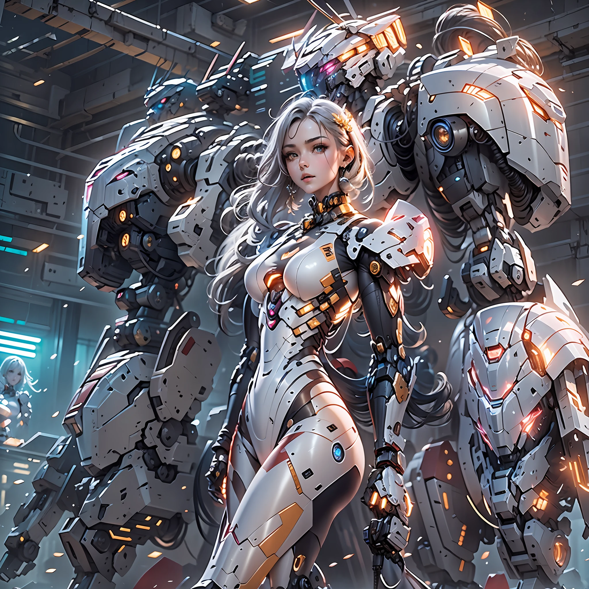 （（tmasterpiece，best qualtiy）），illustration，Ultra-detailed 8K，Clear focus，A highly detailed，Professional lighting，Colorful detailed，A girl and a mech，Beautuful Women，lottalewdsLargeMecha，cranny，with light glowing，with light glowing，Complicated details，（（1girl stands in front of the audience）），（（There is a mech warrior behind him））