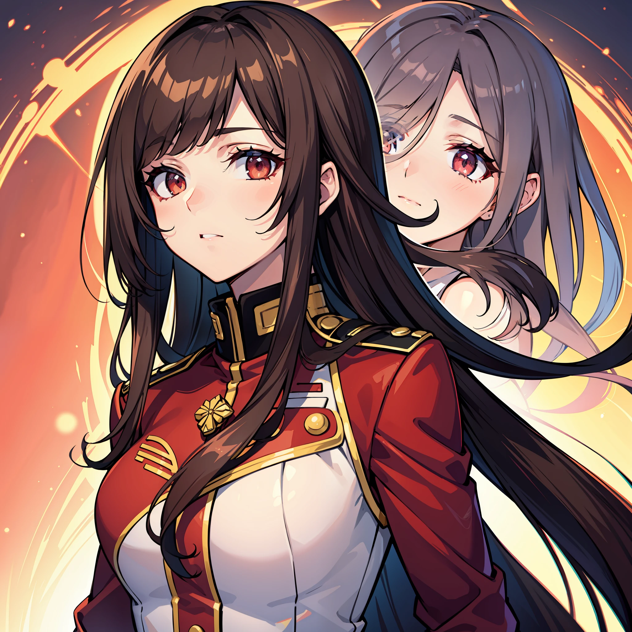 Long brown hair with right-swept bangs, crimson eyes, red uniform, intricate eye details, masterpiece, top-notch quality.