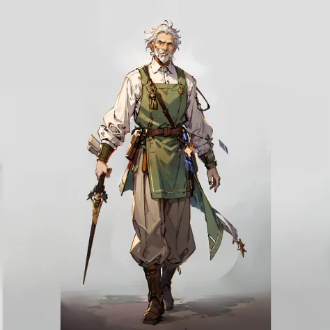 forerunner, old man, no background, white background, holding a wand, white hair, full body shot, long boots, hickory, short hai...