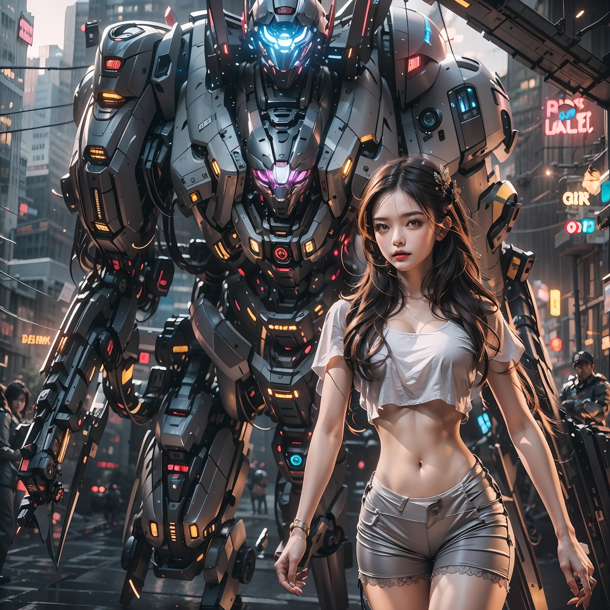 （（tmasterpiece，best qualtiy）），illustration，Ultra-detailed 8K，Clear focus，A highly detailed，Professional lighting，Colorful detailed，A girl and a mech，Beautuful Women，lottalewdsLargeMecha，cranny，with light glowing，with light glowing，Complicated details，（（1girl stands in front of the audience）），（（There is a mech warrior behind him））