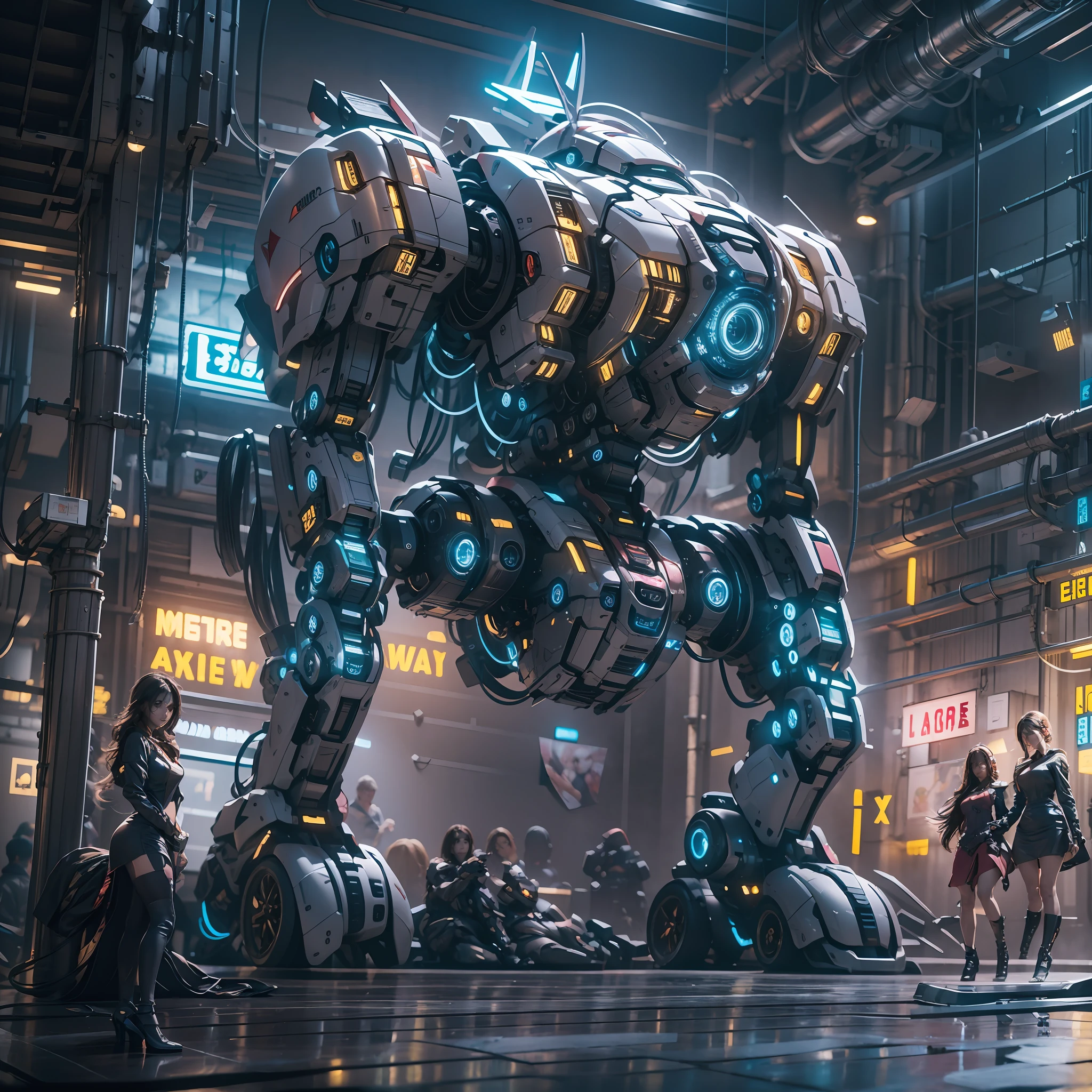 （（tmasterpiece，best qualtiy）），illustration，Ultra-detailed 8K，Clear focus，A highly detailed，Professional lighting，Colorful detailed，A girl and a mech，Beautuful Women，lottalewdsLargeMecha，cranny，with light glowing，with light glowing，Complicated details，（（1girl stands in front of the audience）），（（There is a mech warrior behind him））