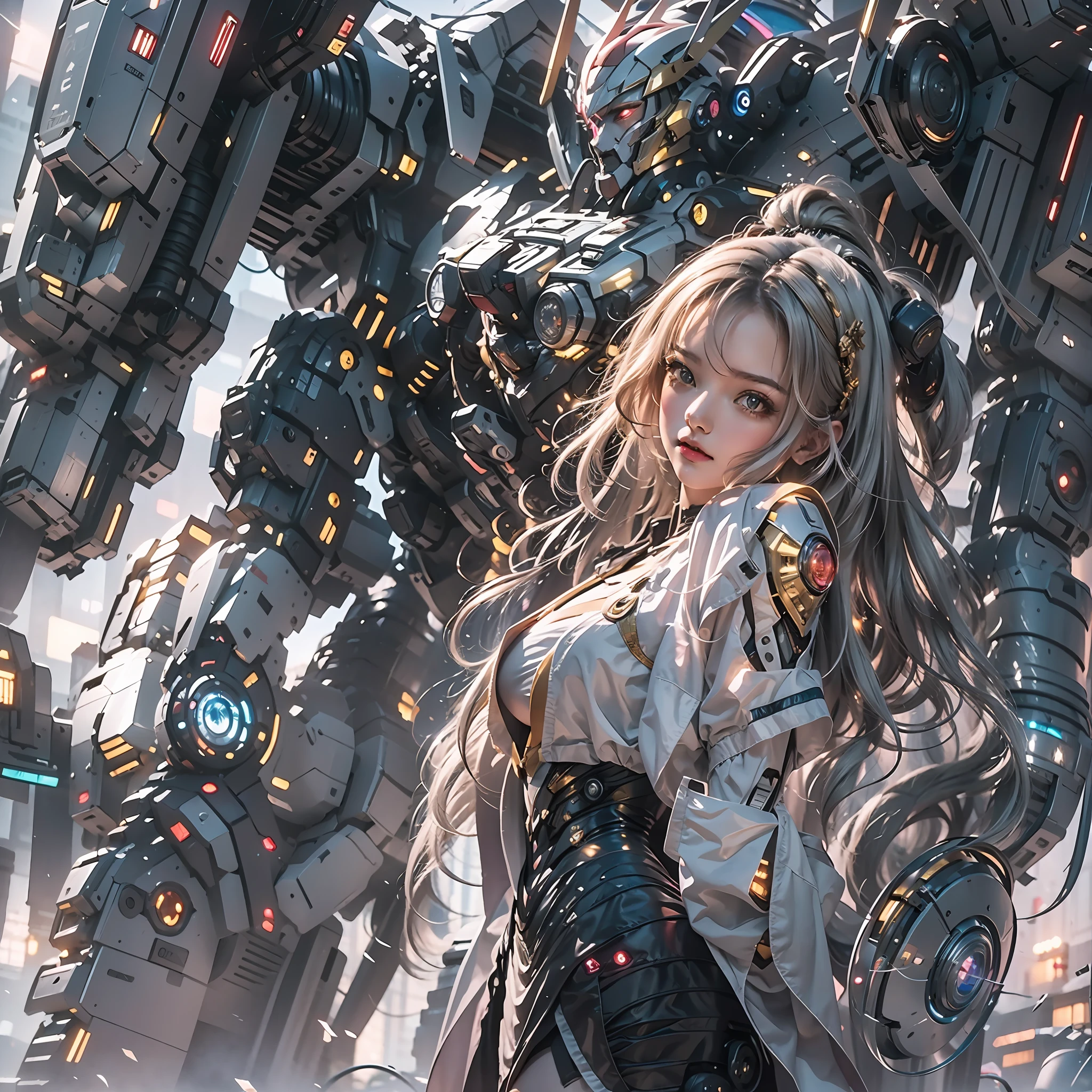 （（tmasterpiece，best qualtiy）），illustration，Ultra-detailed 8K，Clear focus，A highly detailed，Professional lighting，Colorful detailed，A girl and a mech，Beautuful Women，lottalewdsLargeMecha，cranny，with light glowing，with light glowing，Complicated details，（（1girl stands in front of the audience）），（（There is a mech warrior behind him））